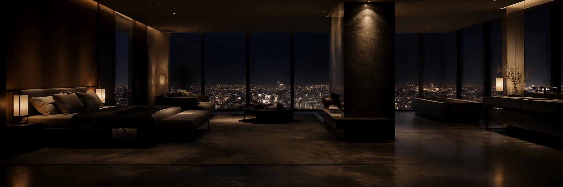 Suite interior at night above a distant city